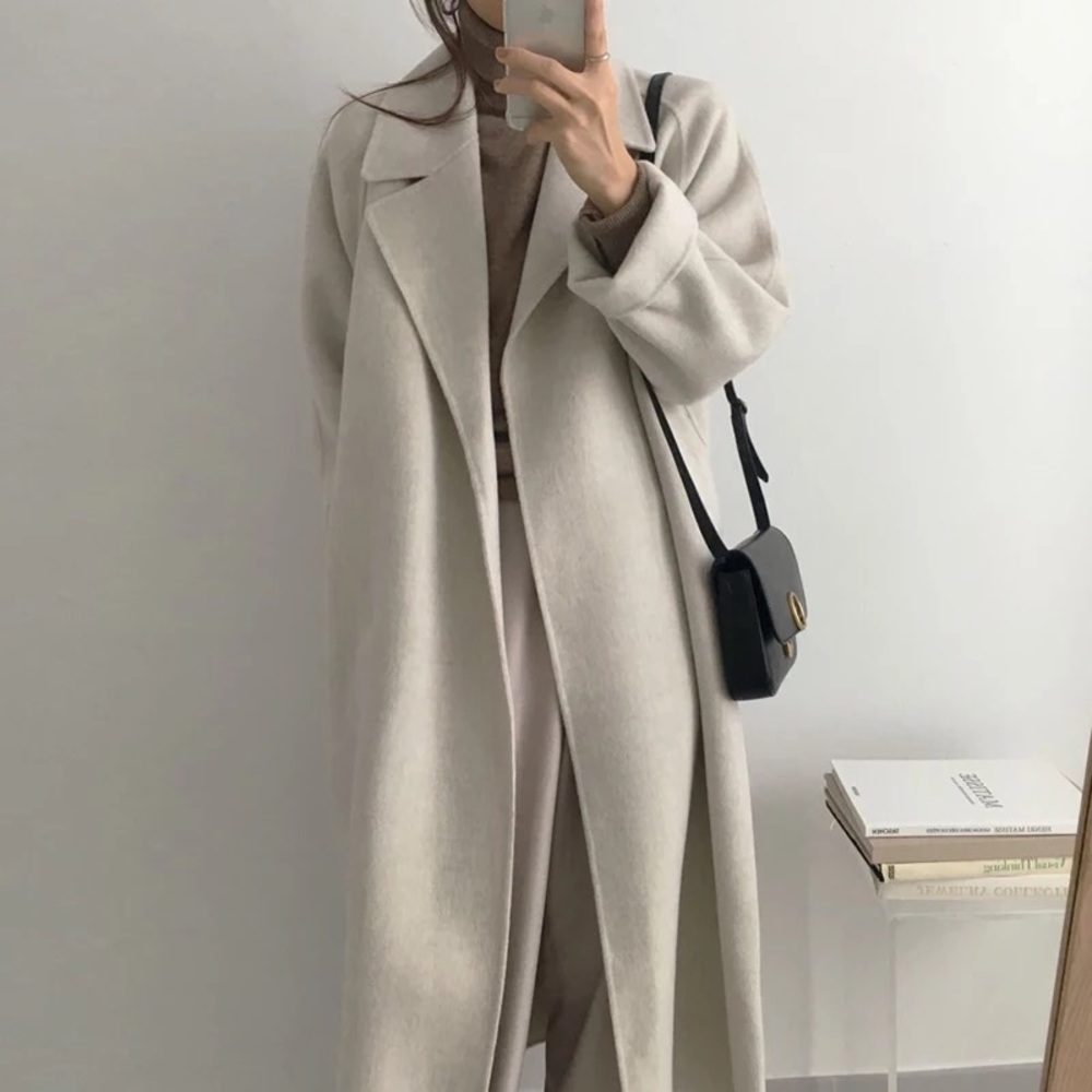 Wool coat long Heather Gray womens belted collar  jacket